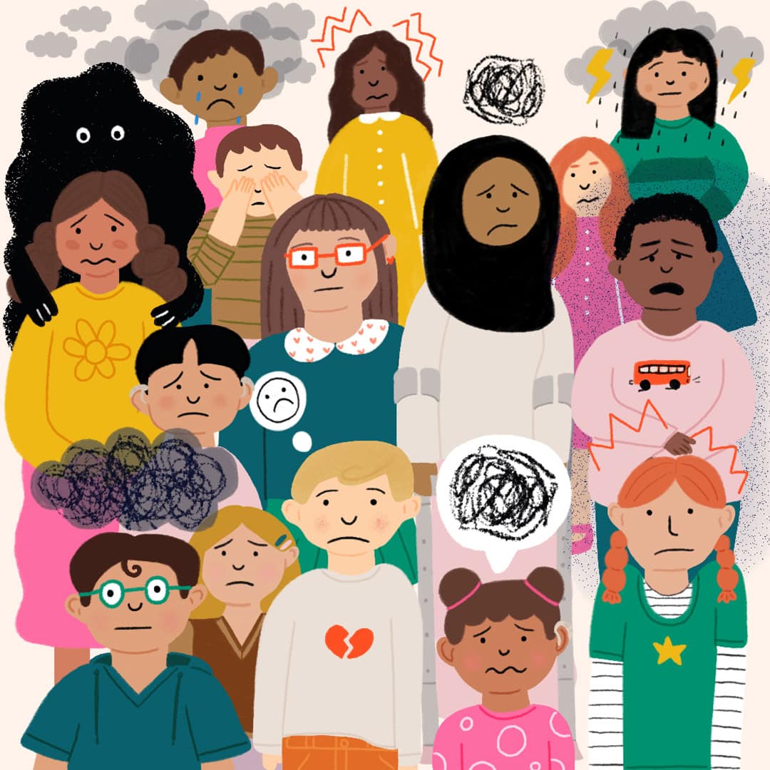 An illustration of a diverse group of 15 children and young people. They all look sad – some have rainclouds or black scribbles above their heads, others are crying, or hiding their faces in their hands. One girl has a black shape with eyes standing behind her – the black shape is gripping her shoulders tightly.