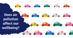 Lots of brightly coloured cars fill the image. One of them has a big cloud of exhaust, in which text reads: Does air pollution affect our wellbeing?