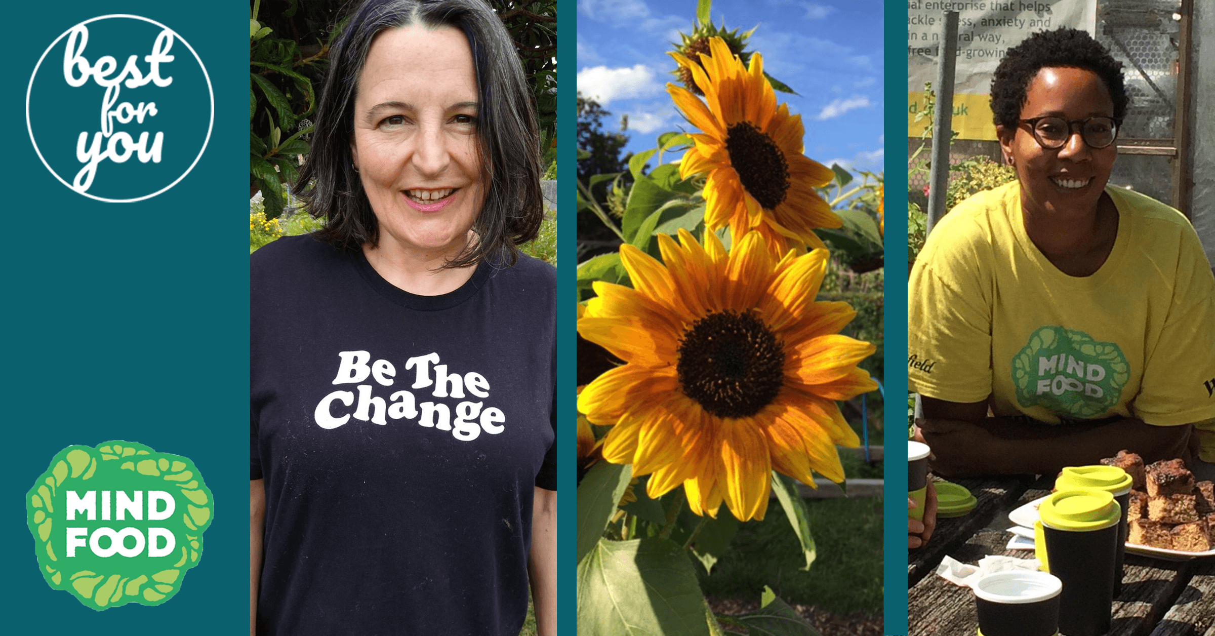 A photo of Lucy, a white woman with short brown hair, a photo of two sunflowers in bloom, and a photo of a Black volunteer with short hair wearing glasses and a yellow top with the MindFood logo