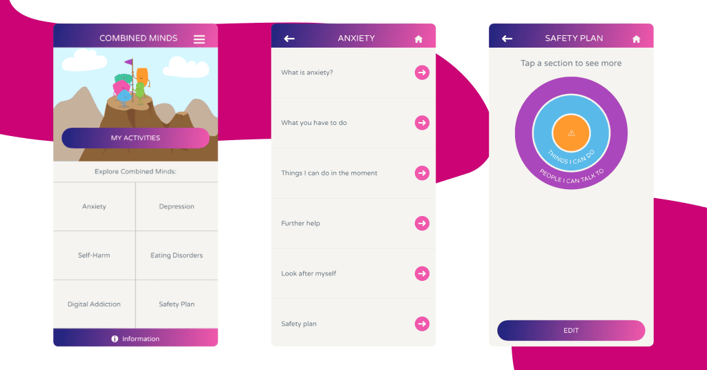 Three screenshots from the Combined Minds app. The first shows the home screen, with five topics and a safety plan. The second screenshot shows the options available in the anxiety section. The third shows a safety plan with sections for things to do and people to talk to.