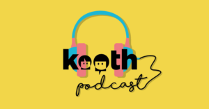 The Kooth logo, with the word ‘podcast’ made from the trailing wire of a pair of over ear headphones.