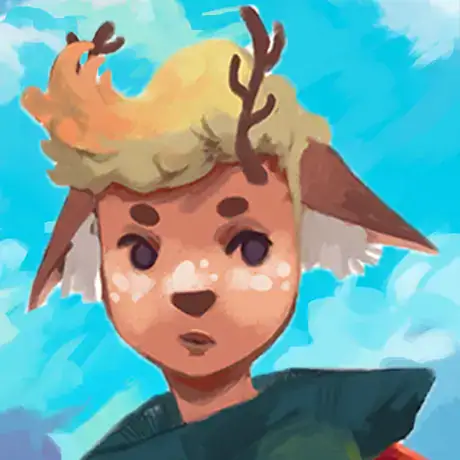 A charming cartoon of a child dressed as a reindeer, wearing a hat with antlers