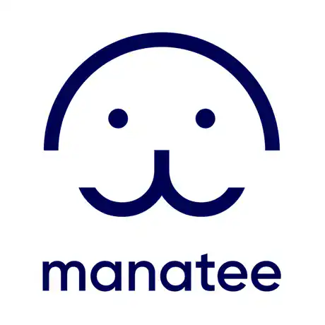 A playful logo featuring a simple, modern dog face icon with the word manatee underneath