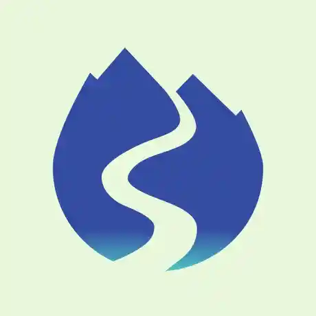 Logo featuring a blue water droplet with mountain peaks and a winding path, symbolising support, guidance, and personal journeys.