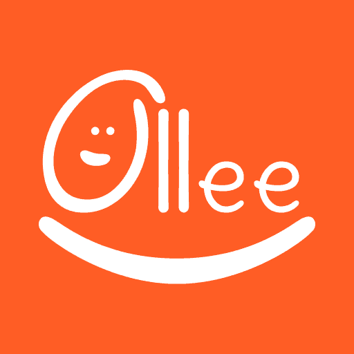 A cheerful cartoon smiley face with “Ollee” written in a fun font on an orange background