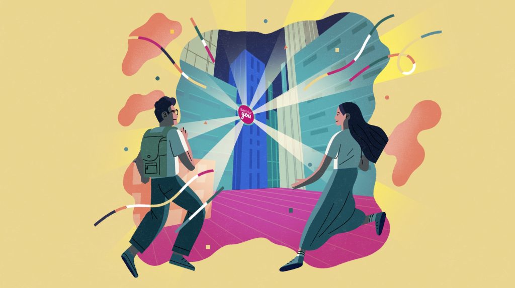 Highly stylised illustration of two people running towards the centre with a city skyline and the words 'Best For You' in the background.