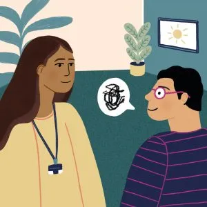 A mental health support conversation between a man and a therapist in a calm setting.