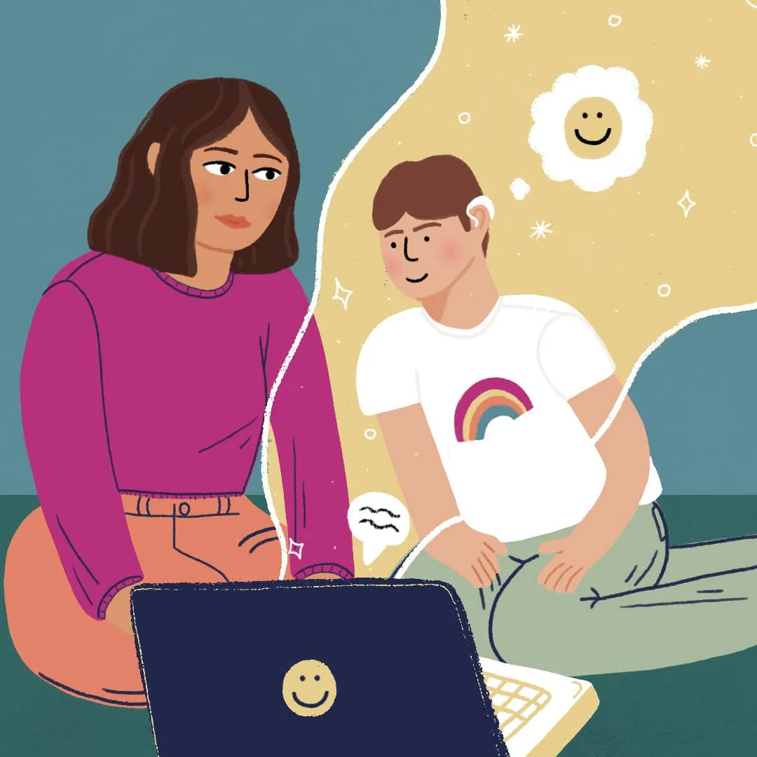 A young person and an adult engaging in an online therapy session, with a positive and supportive atmosphere.