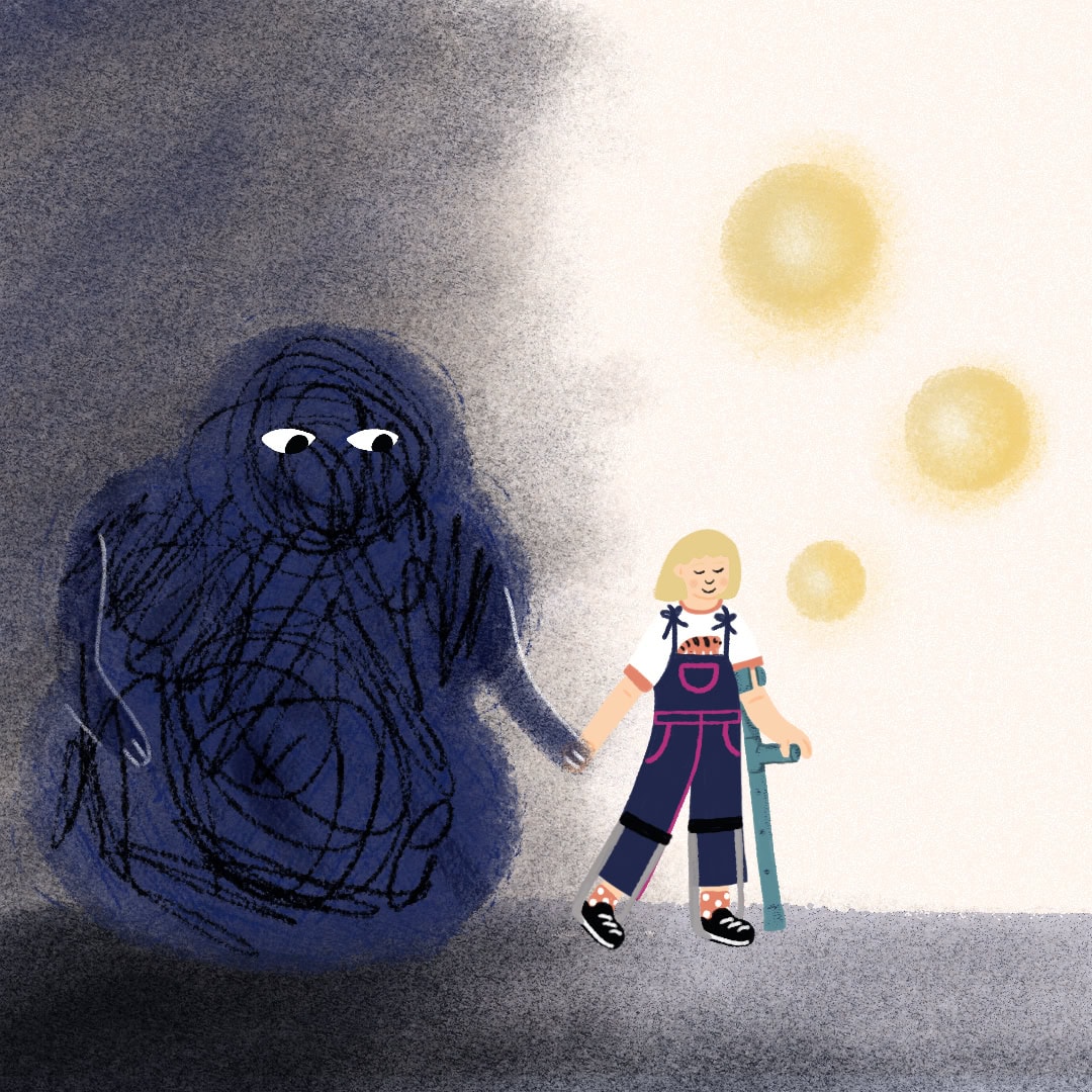 A detailed, childlike drawing of a young girl holding hands with a large, dark, scribbled figure that resembles depression, with a bright sun shining in the sky over the girl.