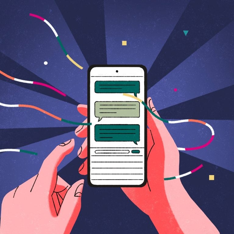 AI-generated message on smartphone with colourful streaming lines against a starry background.
