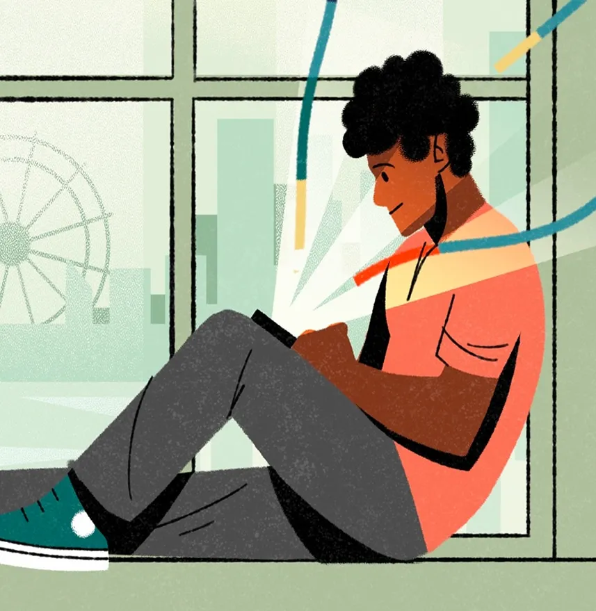 Young person sitting by window, using a mobile device, with colourful abstract background.