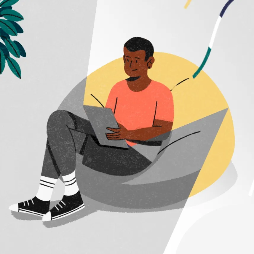 Young man relaxing on bean bag chair using a laptop, illustration style.