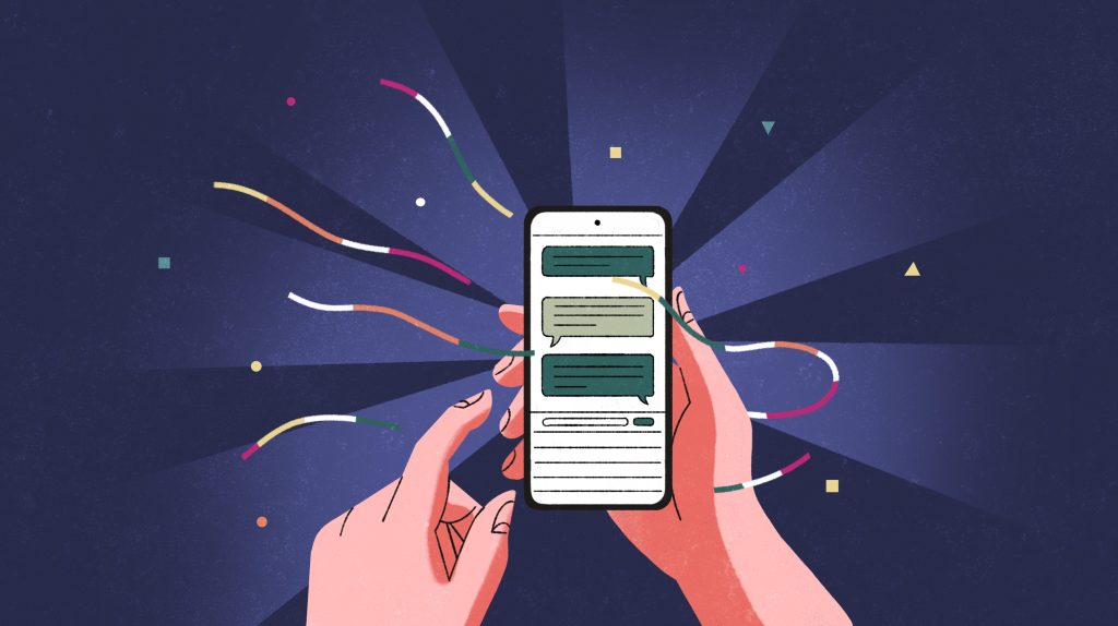 A detailed illustration of a person holding a smartphone with chat messages on the screen, surrounded by colorful abstract lines and confetti, symbolizing communication and digital connectivity.