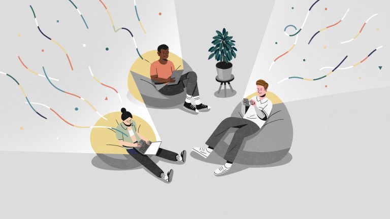 A detailed illustration of three diverse individuals engaging with digital devices in a relaxed setting, with colorful confetti and a potted plant, symbolising community and connectivity.