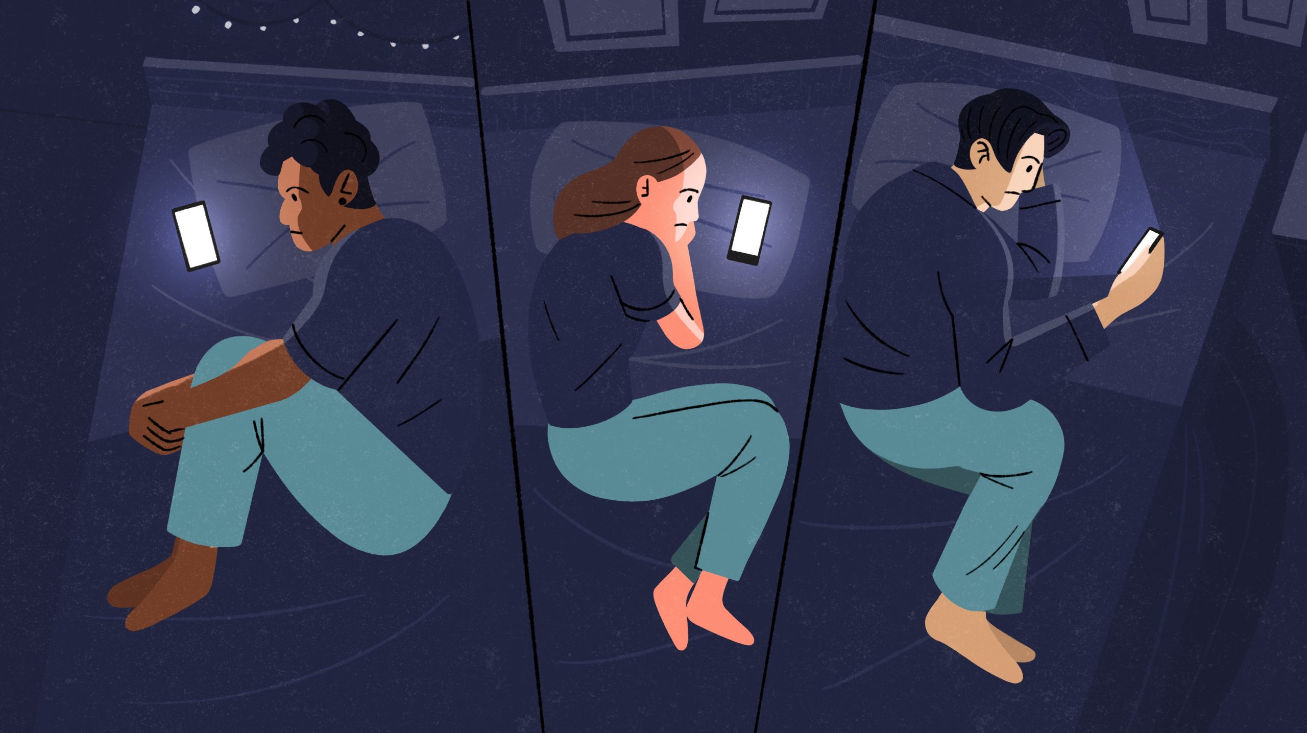 Three young people using their phones in bed – they look concerned at the glowing screens.