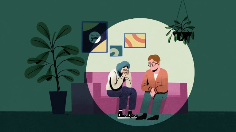 A therapist and a patient in a counselling session, with the patient appearing distressed and the therapist providing support.