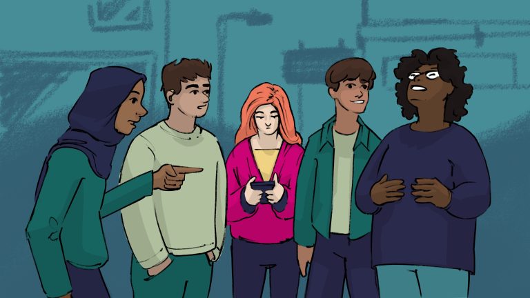 A diverse group of young people engaging in a conversation outdoors, with one person using a smartphone.
