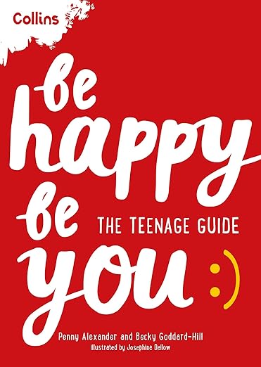 Bright red cover of "Be Happy Be You" teenage guidebook by Penny Alexander and Becky Goddard-Hill with cheerful white and yellow text.