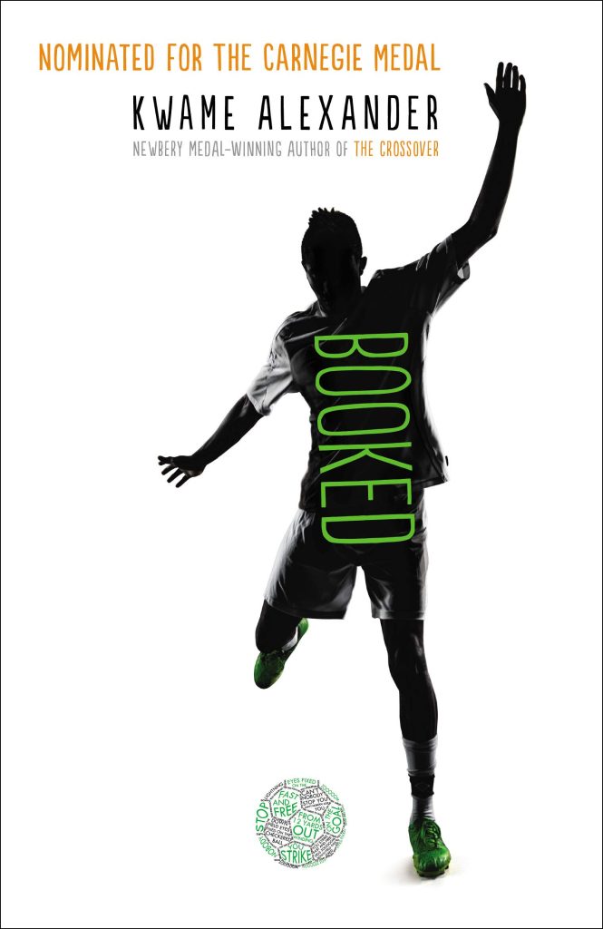 1. Image of a footballer in silhouette with the word "BOOKED" in green overlay, celebrating a goal.