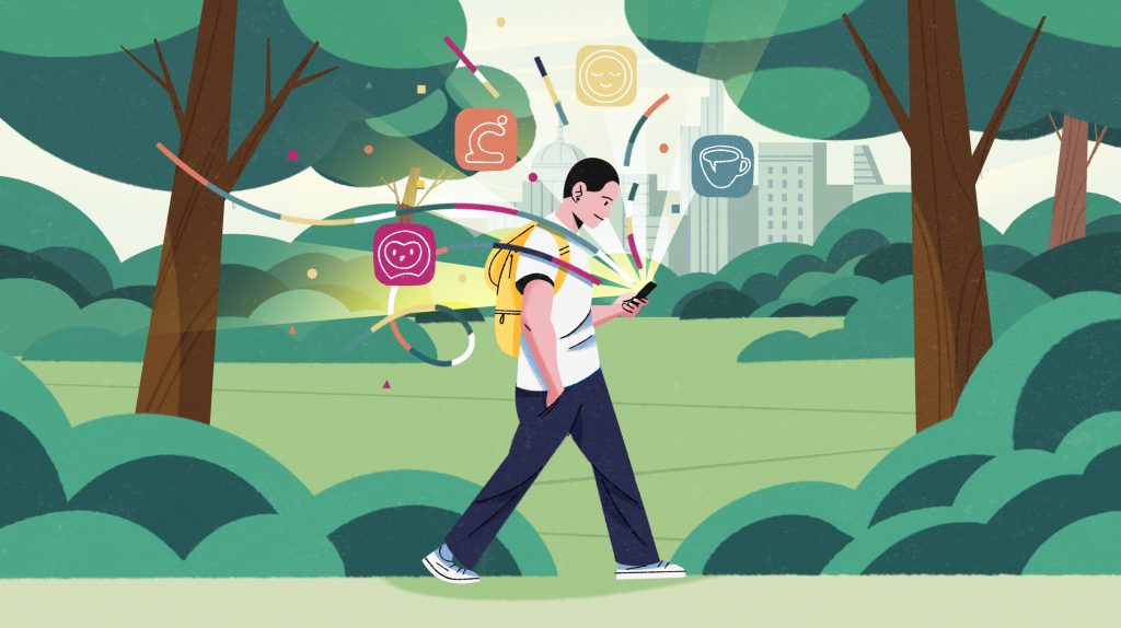 A person walking in park while being connected to digital icons representing various wellbeing apps through colourful data streams.