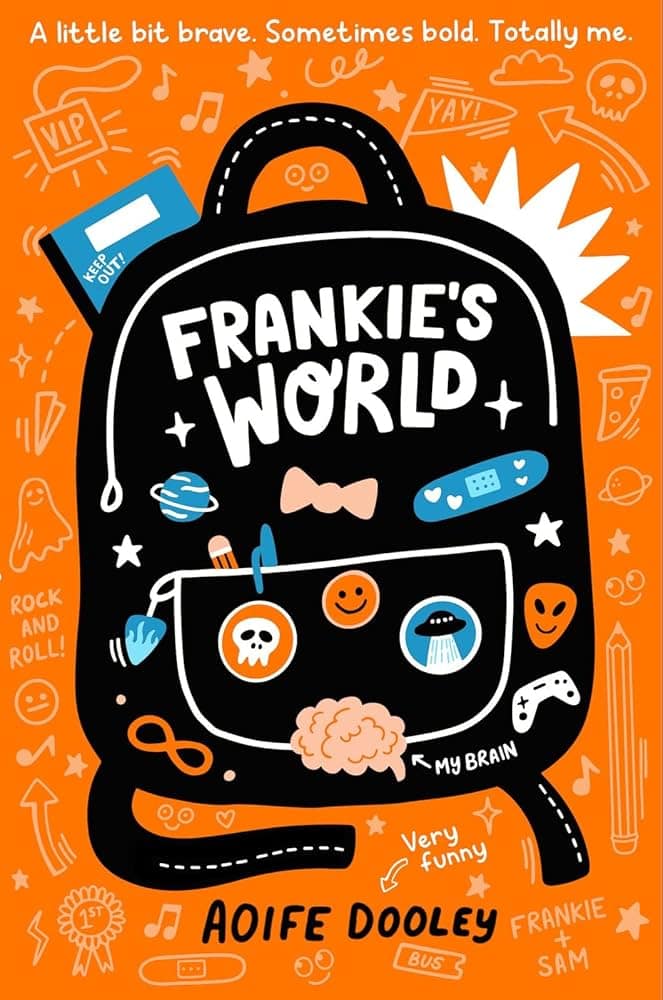 Bright orange backpack illustration with playful doodles and fun icons, featuring the title "Frankie's World" and author Aoife Dooley's name. Suitable for children's books or whimsical designs.