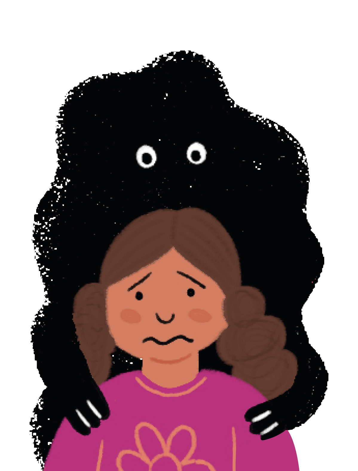 Child with a dark, shadowy figure behind her, representing fear or worry, in a comforting support setting.