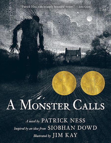 A Monster Calls book cover featuring a dark, eerie landscape with a large, menacing figure and two gold coins.