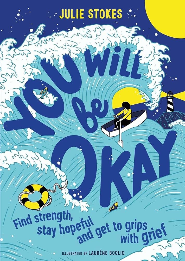 Amazing children's book cover with ocean waves, lighthouse, and a person in a boat, promoting hope and resilience after grief.