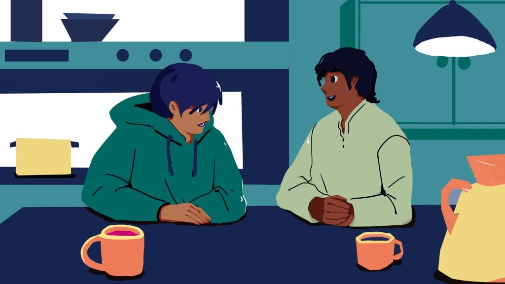 A young person and an adult having a conversation over coffee in a kitchen setting.