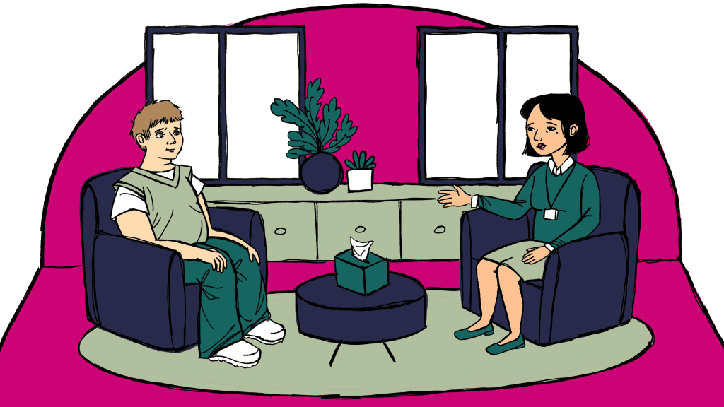A young person talking to a healthcare professional in a consultation room.
