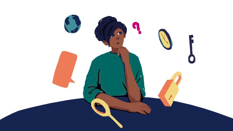 A woman with a thoughtful expression surrounded by floating icons of a globe, key, lock, and phone, representing questions and curiosity.