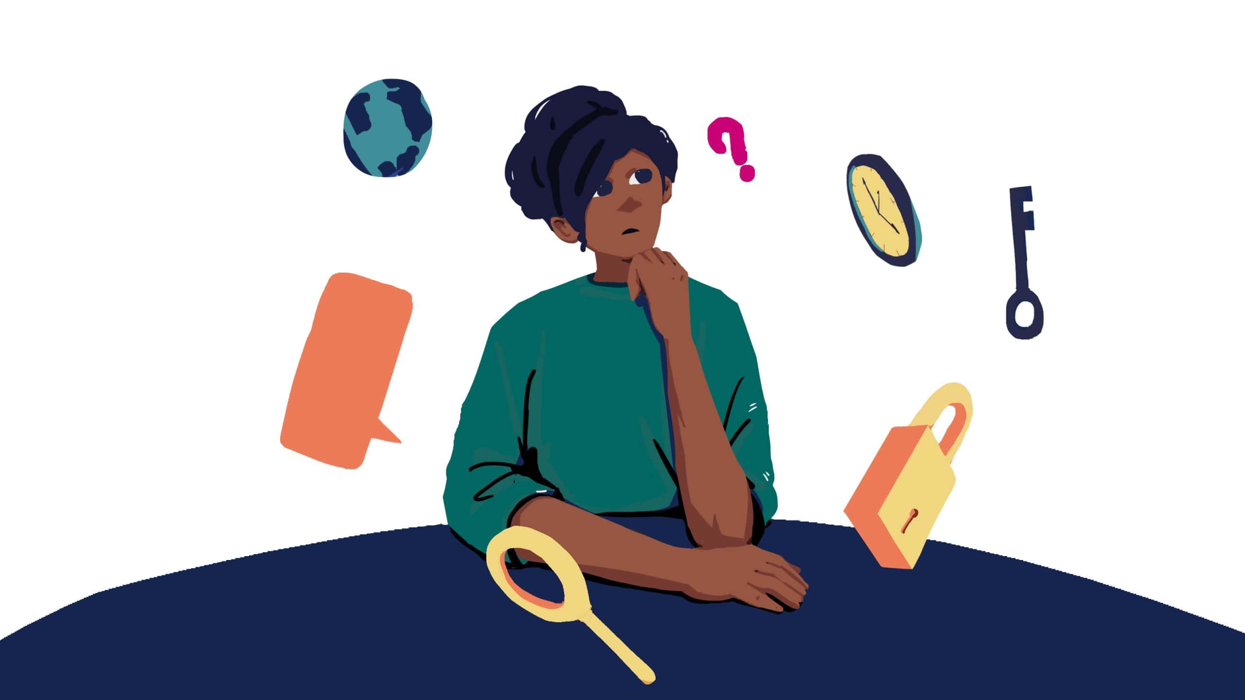 A woman with a thoughtful expression surrounded by floating icons of a globe, key, lock, and phone, representing questions and curiosity.