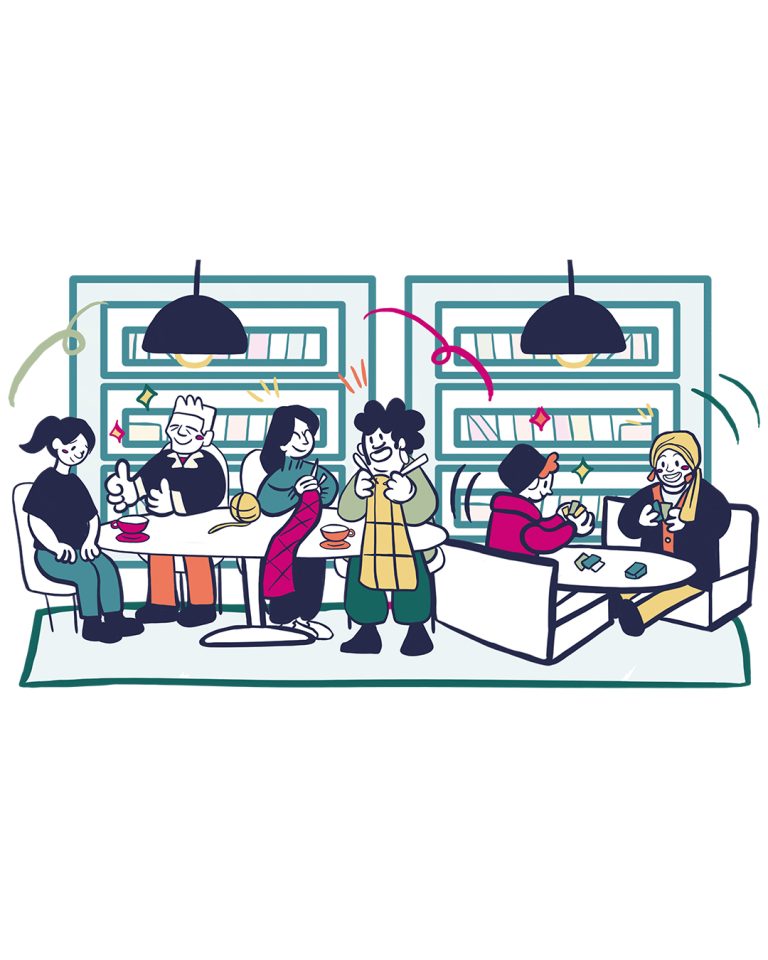 A colourful illustration of diverse people engaging in activities in a modern, cozy indoor space with bookshelves, tables, and hanging lights.