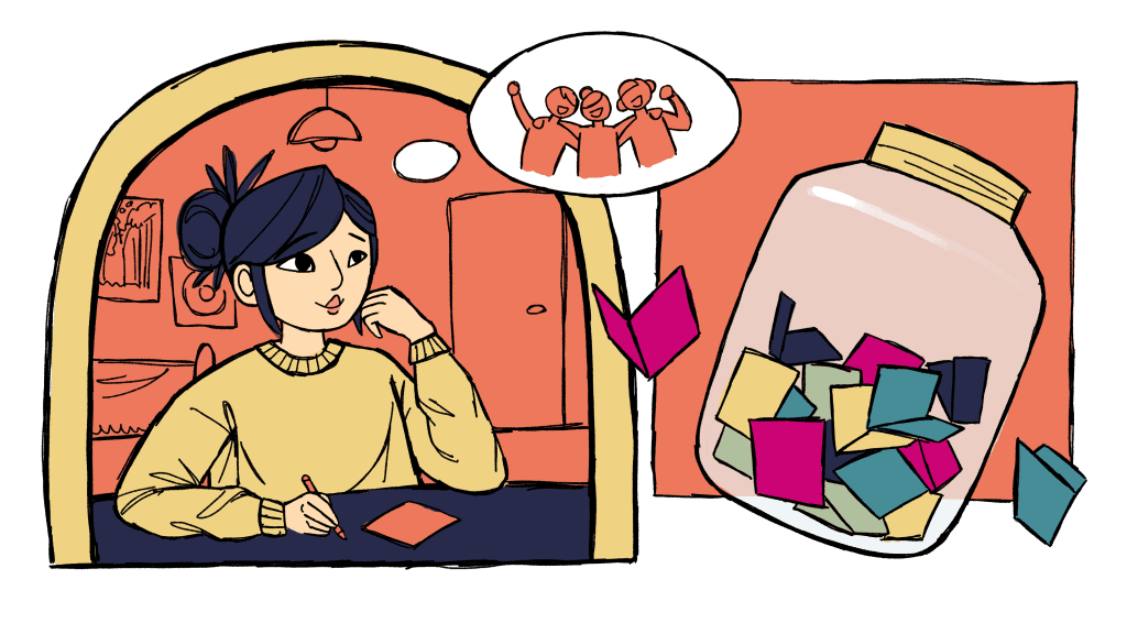 A woman sitting at a table, contemplating a jar filled with colorful paper notes, symbolizing decision-making or ideas.
