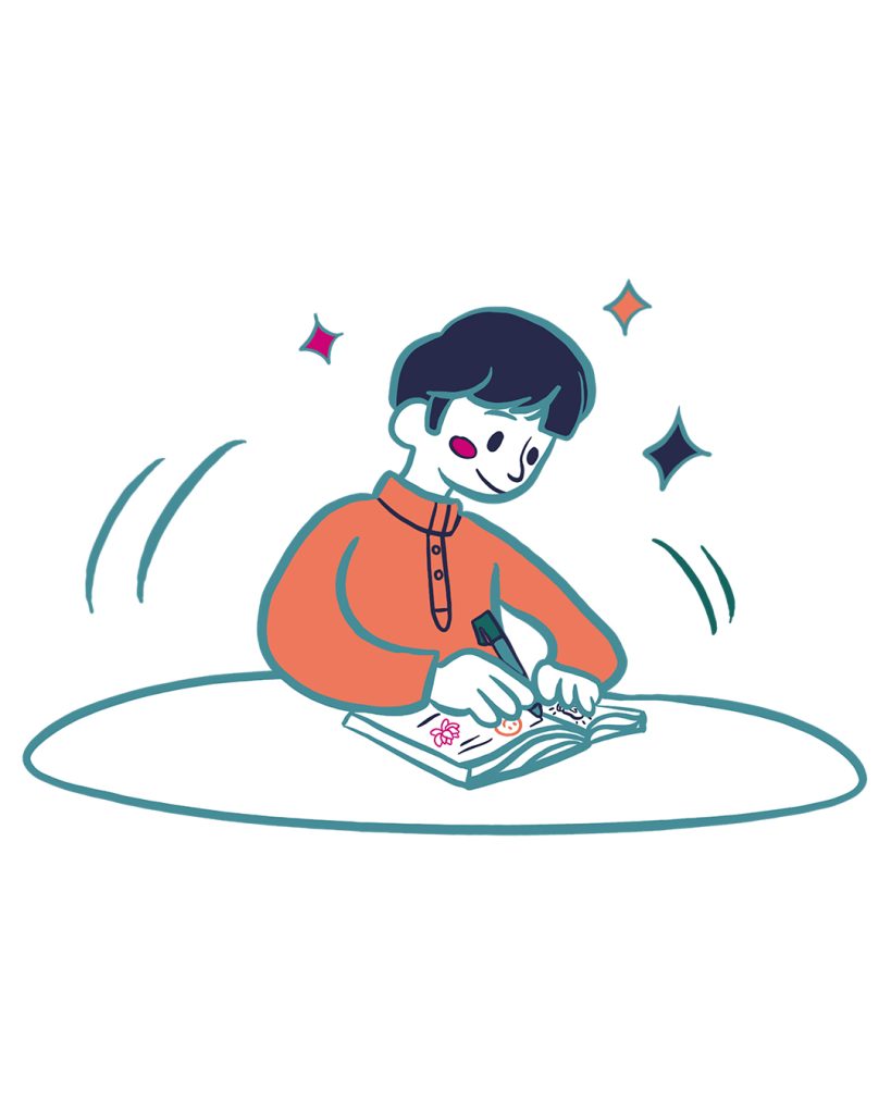 A detailed, colorful illustration of a young person with dark hair, wearing an orange sweater, happily writing or drawing in a notebook at a table, surrounded by small decorative stars.