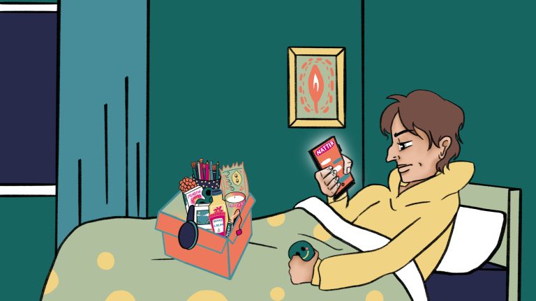 A young person in bed using a smartphone to text the 'NATTER' helpline with a self-soothe box nearby, in a cozy bedroom setting.