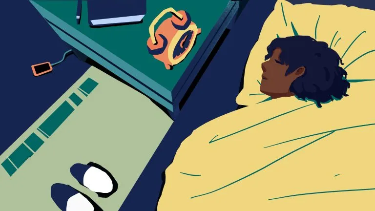 A woman sleeping peacefully in bed with a yellow pillow and blanket, surrounded by a bedside table with a clock, book, and glasses.