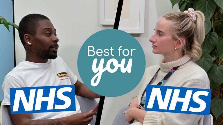 NHS healthcare professionals consulting with a patient in a clinical setting, promoting health services.