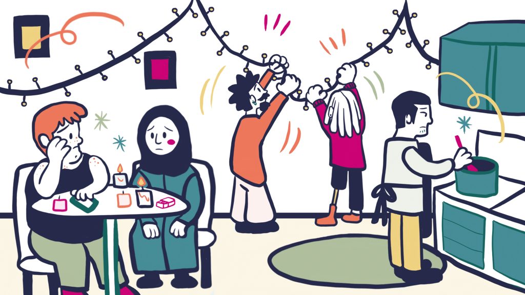 A colourful illustration of people decorating a room with string lights, with some preparing drinks and others hanging decorations, creating a festive and lively atmosphere.
