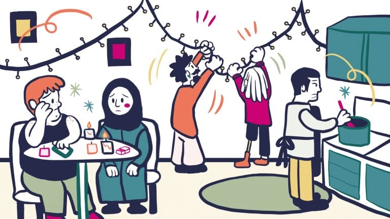 A colourful illustration of people decorating a room with string lights, with some preparing drinks and others hanging decorations, creating a festive and lively atmosphere.