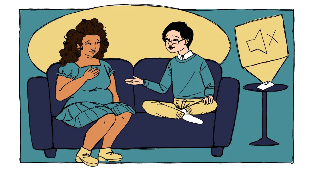 A woman and a therapist sitting on a sofa engaged in a conversation, with the woman appearing to share her feelings and the therapist listening attentively.