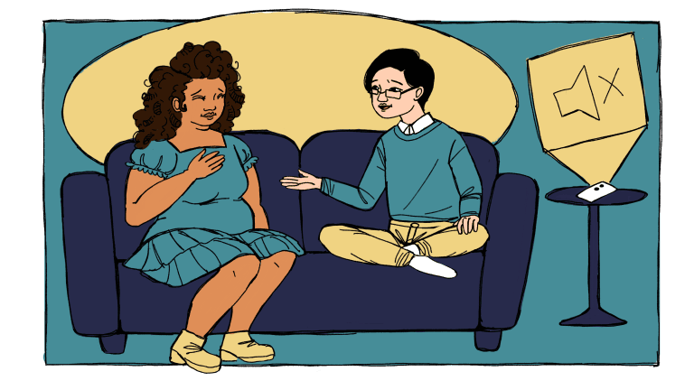 A woman and a therapist sitting on a sofa engaged in a conversation, with the woman appearing to share her feelings and the therapist listening attentively.