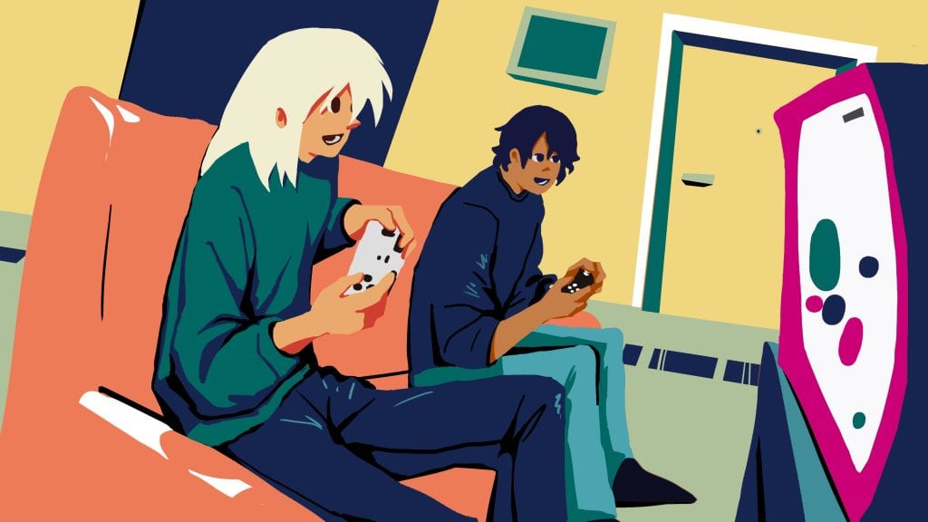 Two friends playing video games on a sofa in a living room setting.