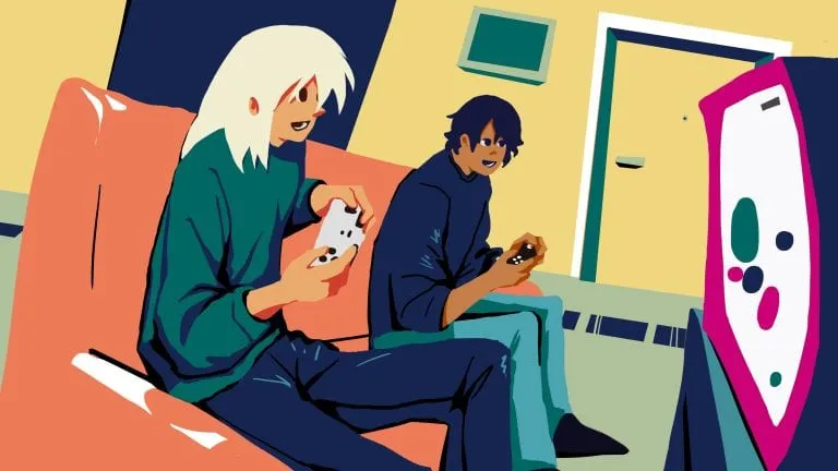 Two friends playing video games on a sofa in a living room setting.