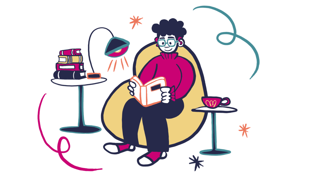 A person sitting comfortably in a cozy reading nook, surrounded by books, a lamp, and a cup of tea, enjoying a quiet moment of reading and relaxation.