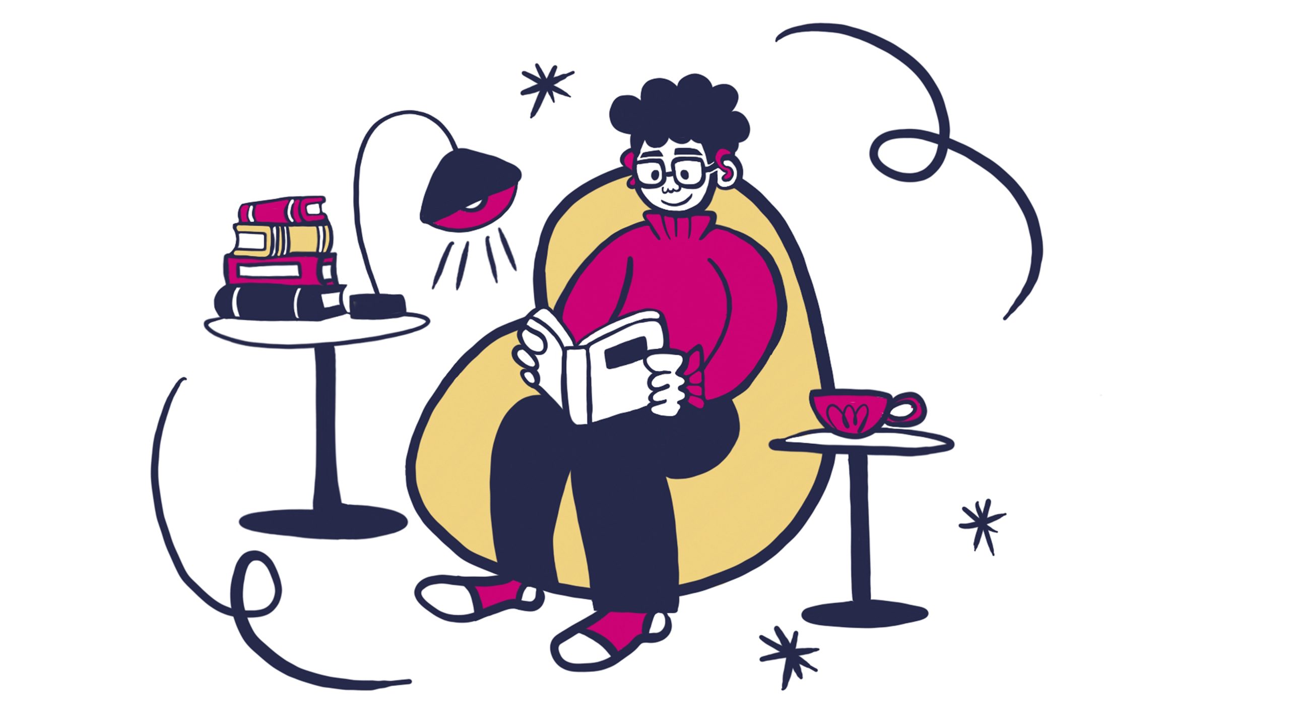 A woman sitting comfortably in a chair, reading a book, surrounded by a lamp, a stack of books, and a small table with a mug, illustrating a cozy reading or relaxation scene.