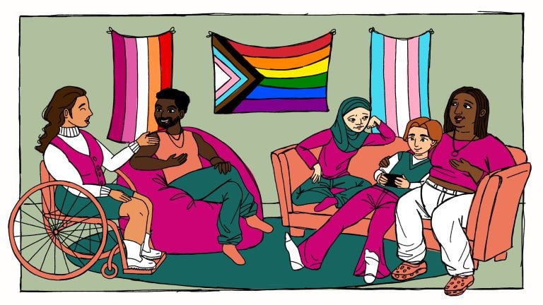 LGBTQ+ community support group with diverse individuals sitting together in a welcoming room, decorated with rainbow flags and pride banners, promoting inclusivity and acceptance.