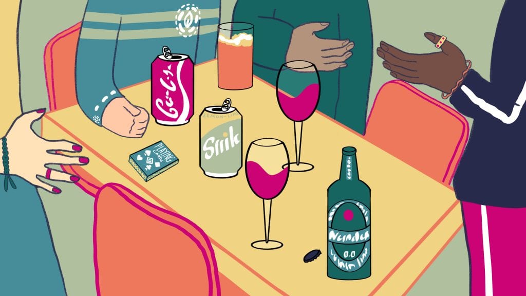 A colourful illustration of a social gathering with drinks on a table, including soda cans, wine glasses, and a bottle, with people’s hands reaching for the drinks.