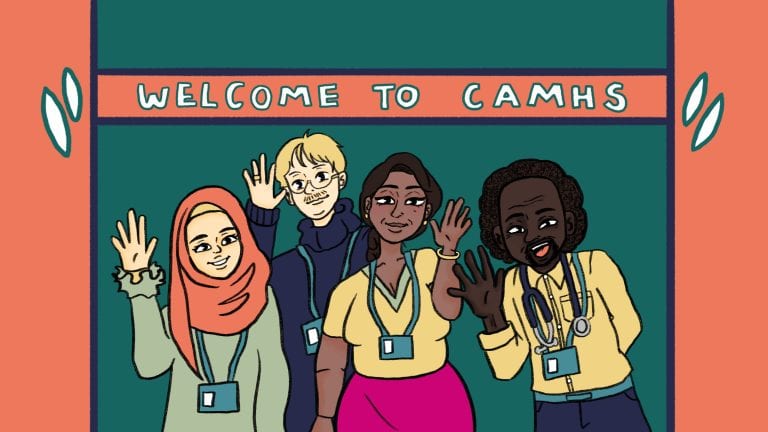 A diverse group of healthcare professionals smiling and waving in front of a "Welcome to CAMHS" sign, representing mental health support services for young people.