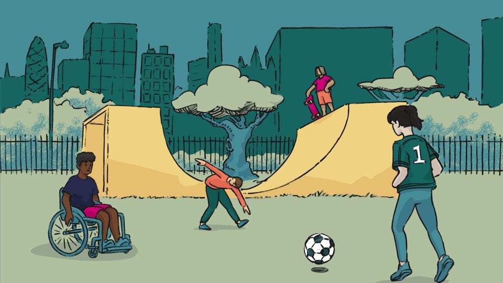 A wheelchair user and their friend playing football at a skate park with city buildings in the background. Someone is stretching and doing exercise in the background.